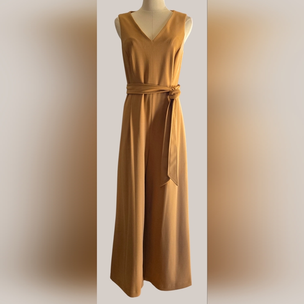 NWT Calvin Klein Camel Wide Leg Jumpsuit V-Neck Belted